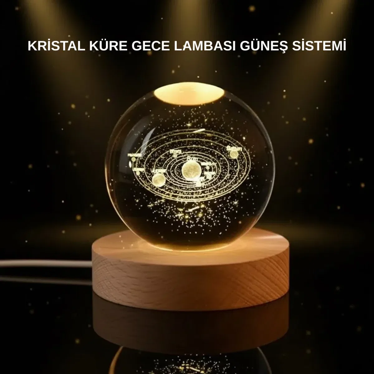 LED Işıklı Kristal Küre Ahşap Standlı Dekoratif Gezegen Model