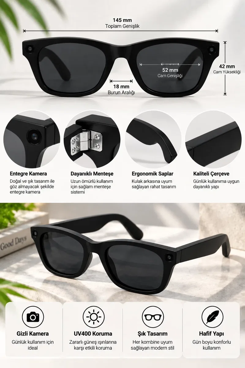 Kameralı Akıllı Güneş Gözlüğü Smart Glasses Anı Kaydetme (Kopya) görsel 2