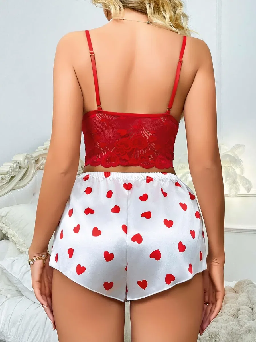 Kadın Kırmızı Kalp Desenli Şort Askılı Dantel Üst Pijama Takımı 2218 görsel 2