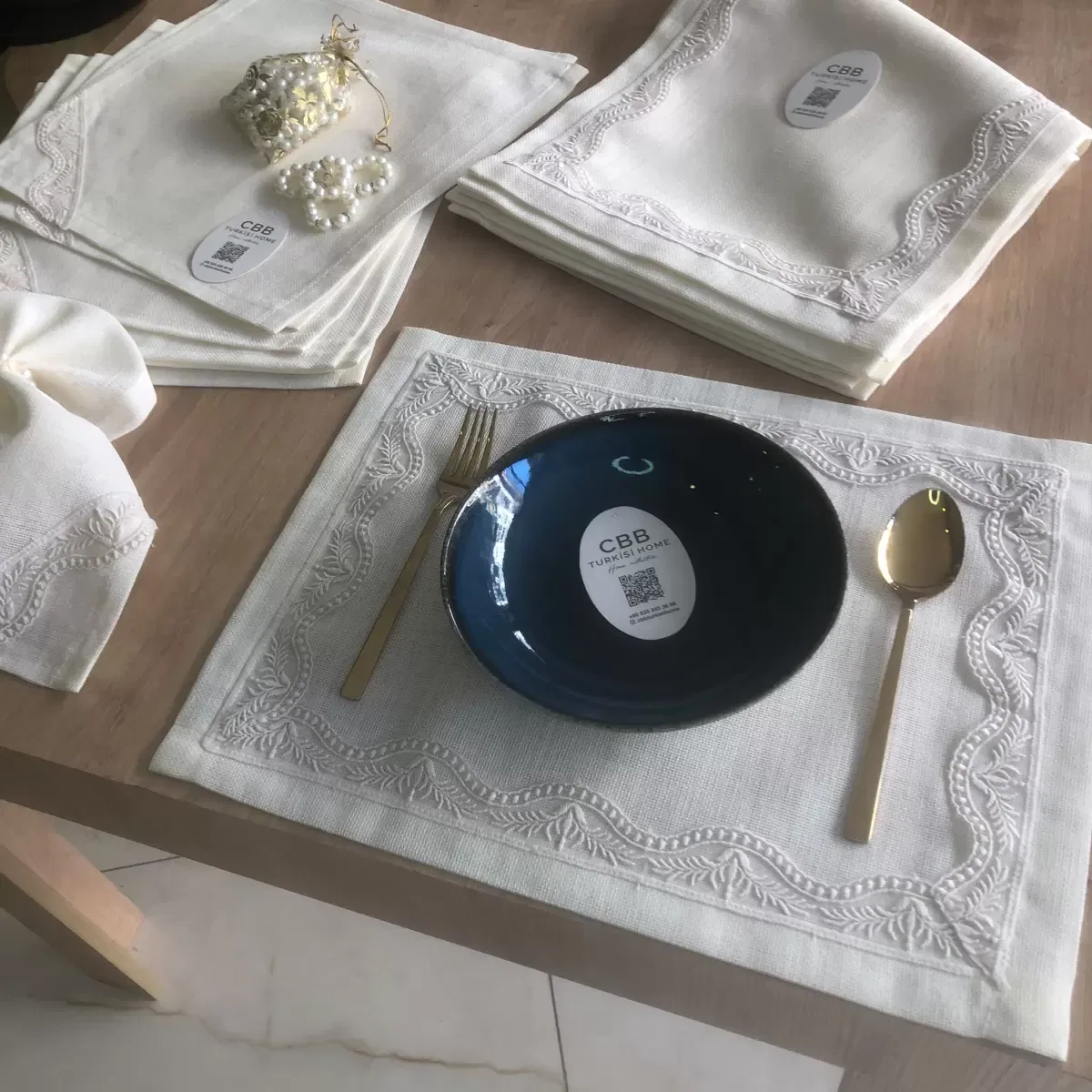 Sofra Takımı Lina Gardenya Keten Yemek Takımı 160x260 Masa Seti 12 Kişilik 26 Parça Runner Set Krem görsel 5
