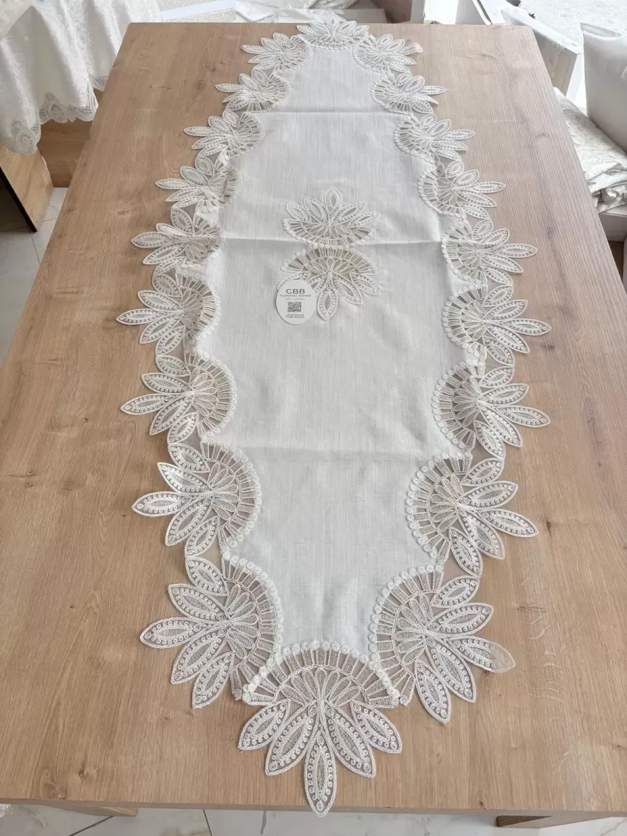 Salon Takımı Çeyizlik Krem Runner Set 5 Parça Keten Ranır Masa Konsol Sehpa Örtüsü Lady görsel 2