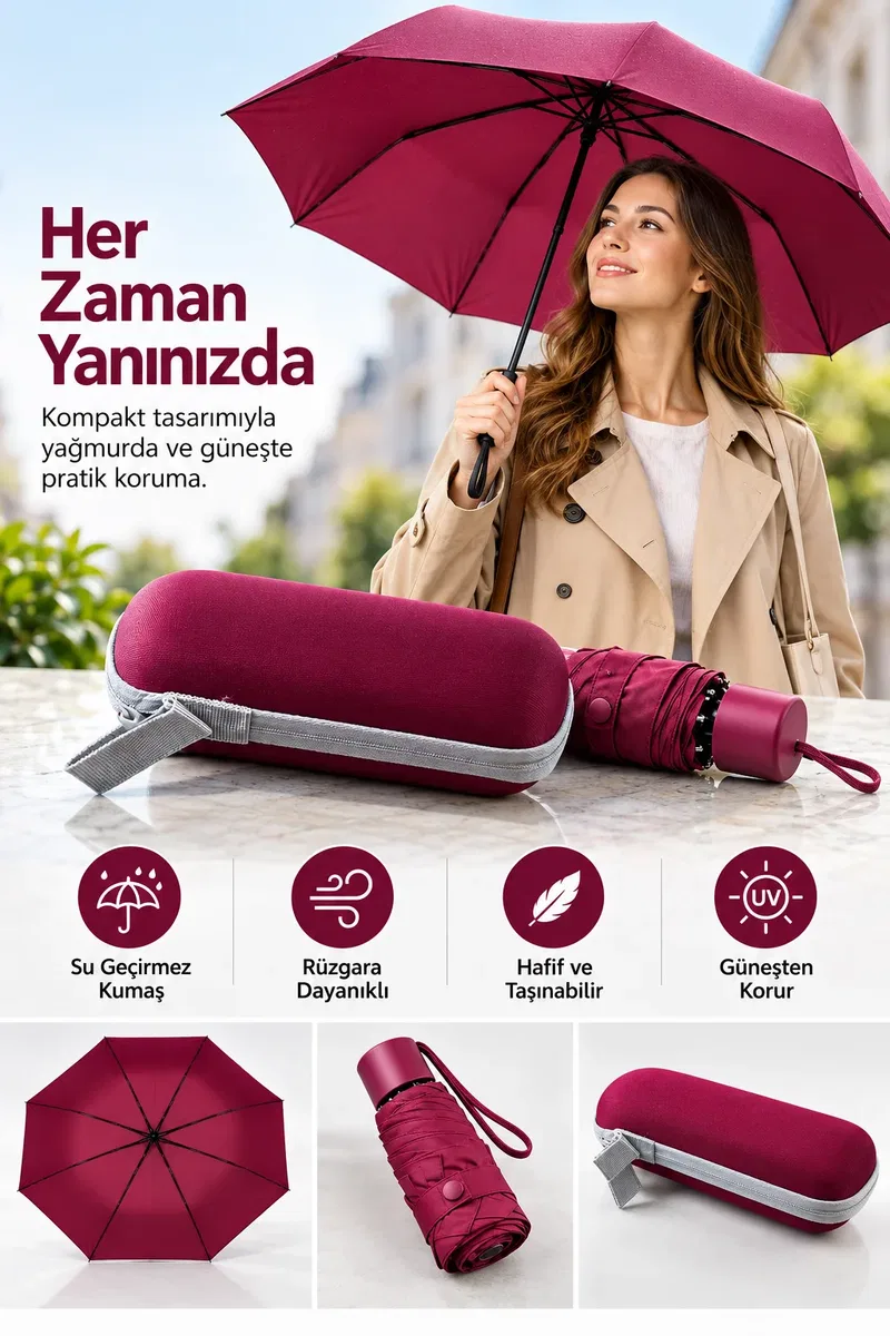 Yağmur ve Güneşe Karşı Pratik Koruma Sağlayan Hafif Bordo Kapsül Şemsiye Taşınabilir Tasarım