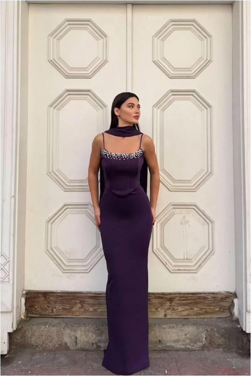 Kadın Modern Stil Scuba Esnek Kumaş Straplez Balık Kesim Abiye Elbise görsel 5