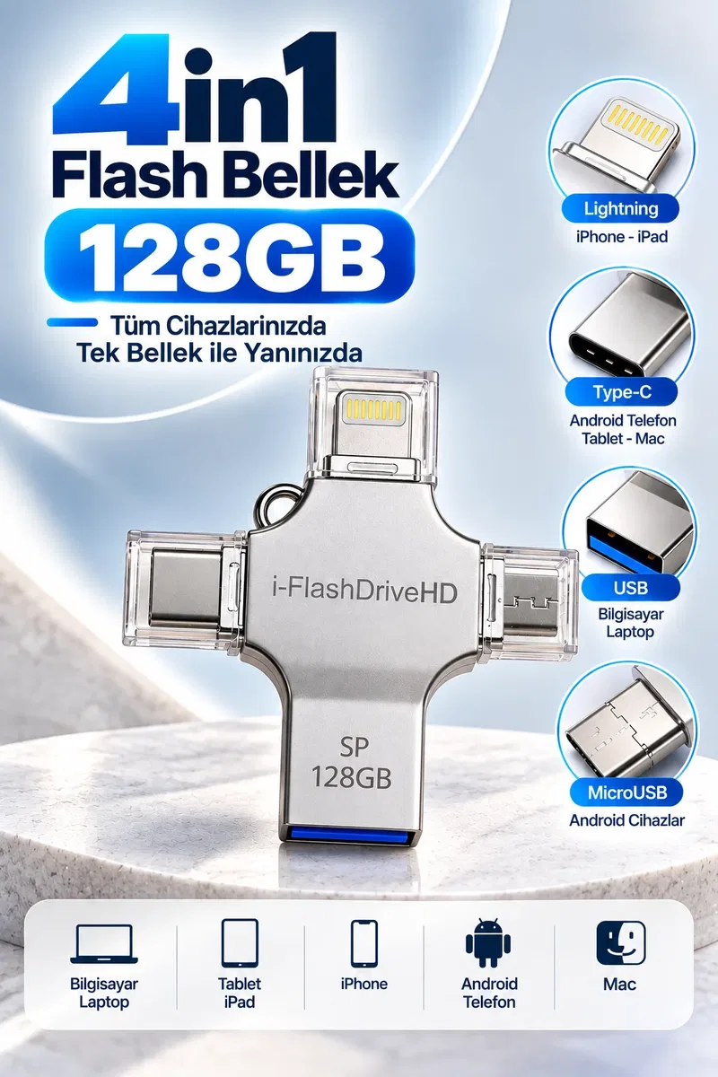 128GB 4in1 Flash Bellek USB-A Type-C Lightning MicroUSB Telefon Tablet Bilgisayar Uyumlu