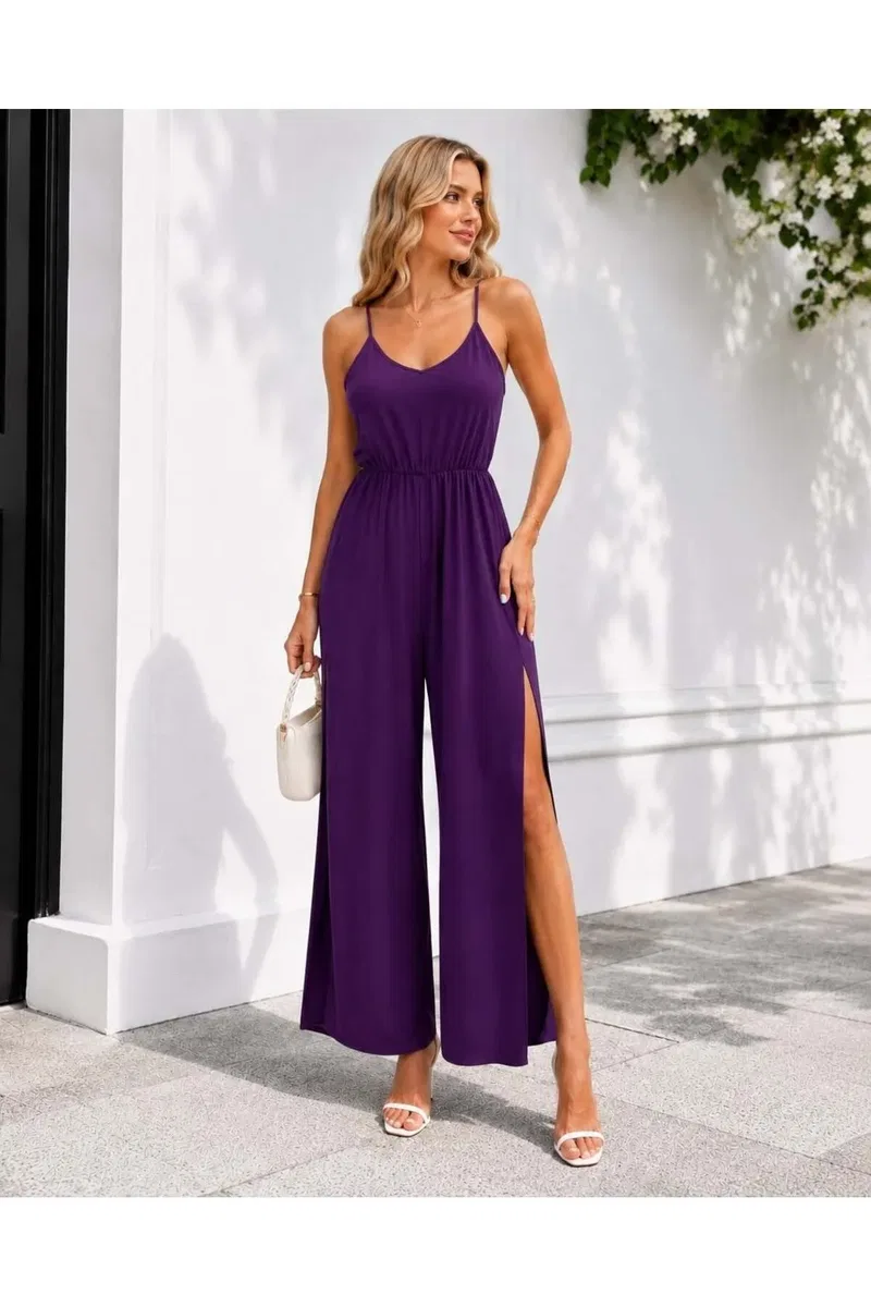 Kadın Modern Tasarım V Yaka İnce Askılı Wide Leg Tulum görsel 2