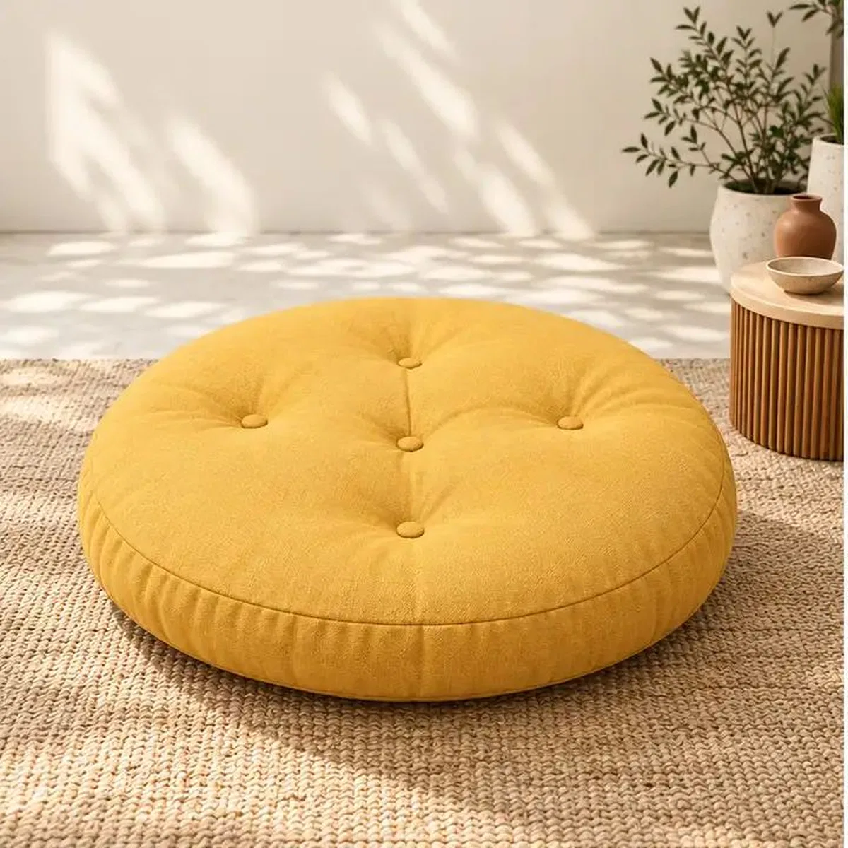 Kapitone Yuvarlak Yer Minderi · 60 × 60 × 8 cm · Hardal