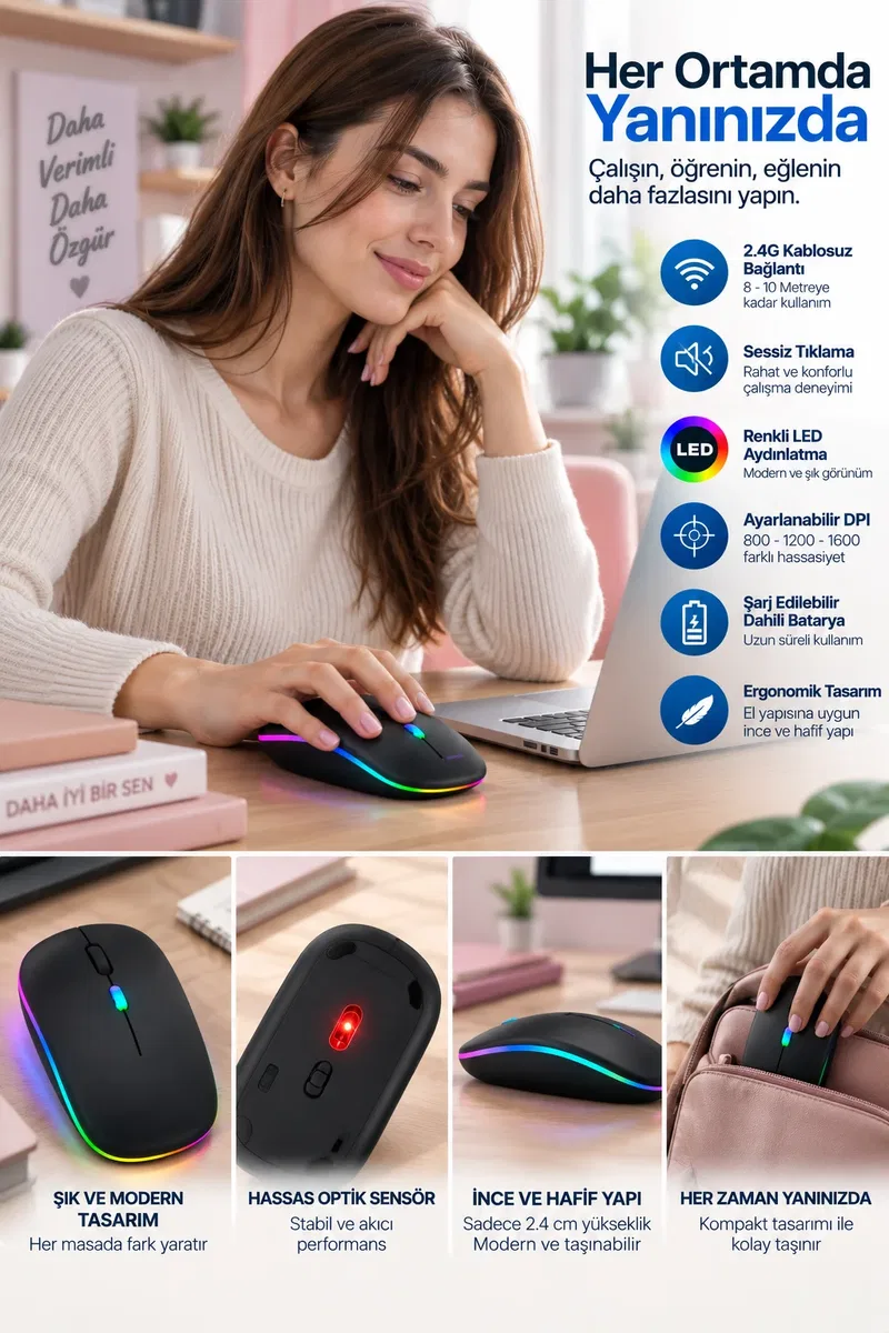 İnce Ergonomik Tasarım 2. 4G Kablosuz LED Mouse