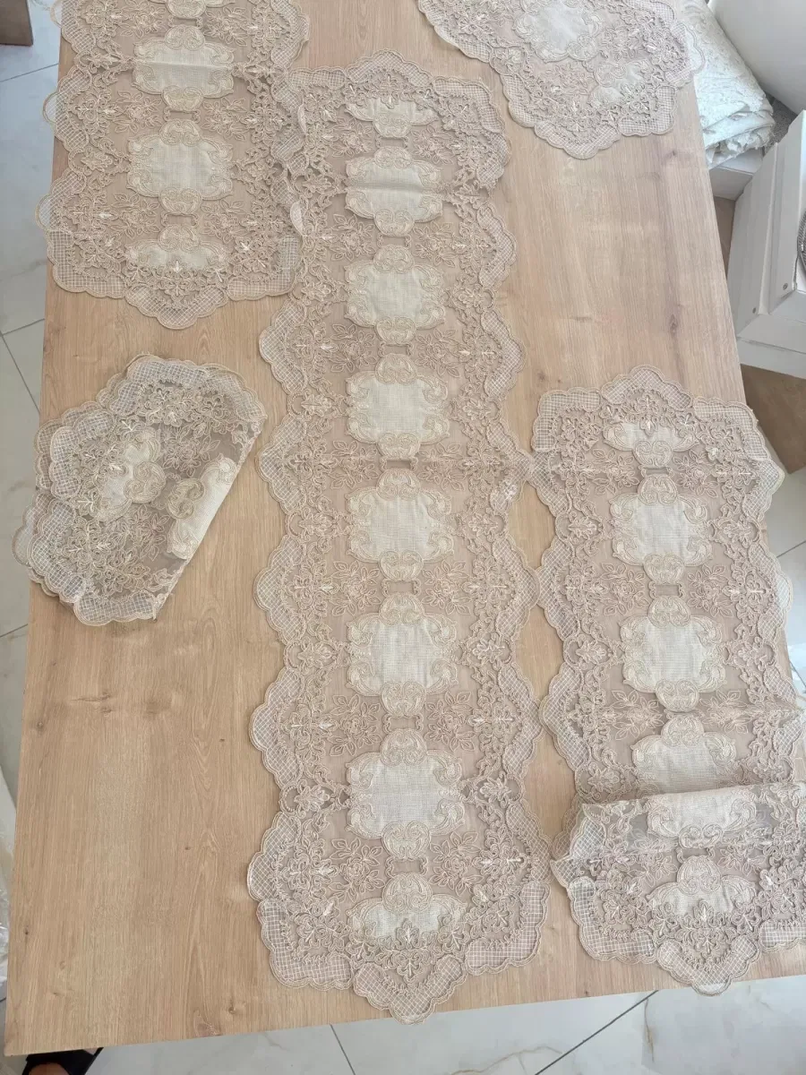 Salon Takımı Çeyizlik Krem Runner Set 5 Parça Keten Ranır Masa Konsol Sehpa Örtüsü Orkide
