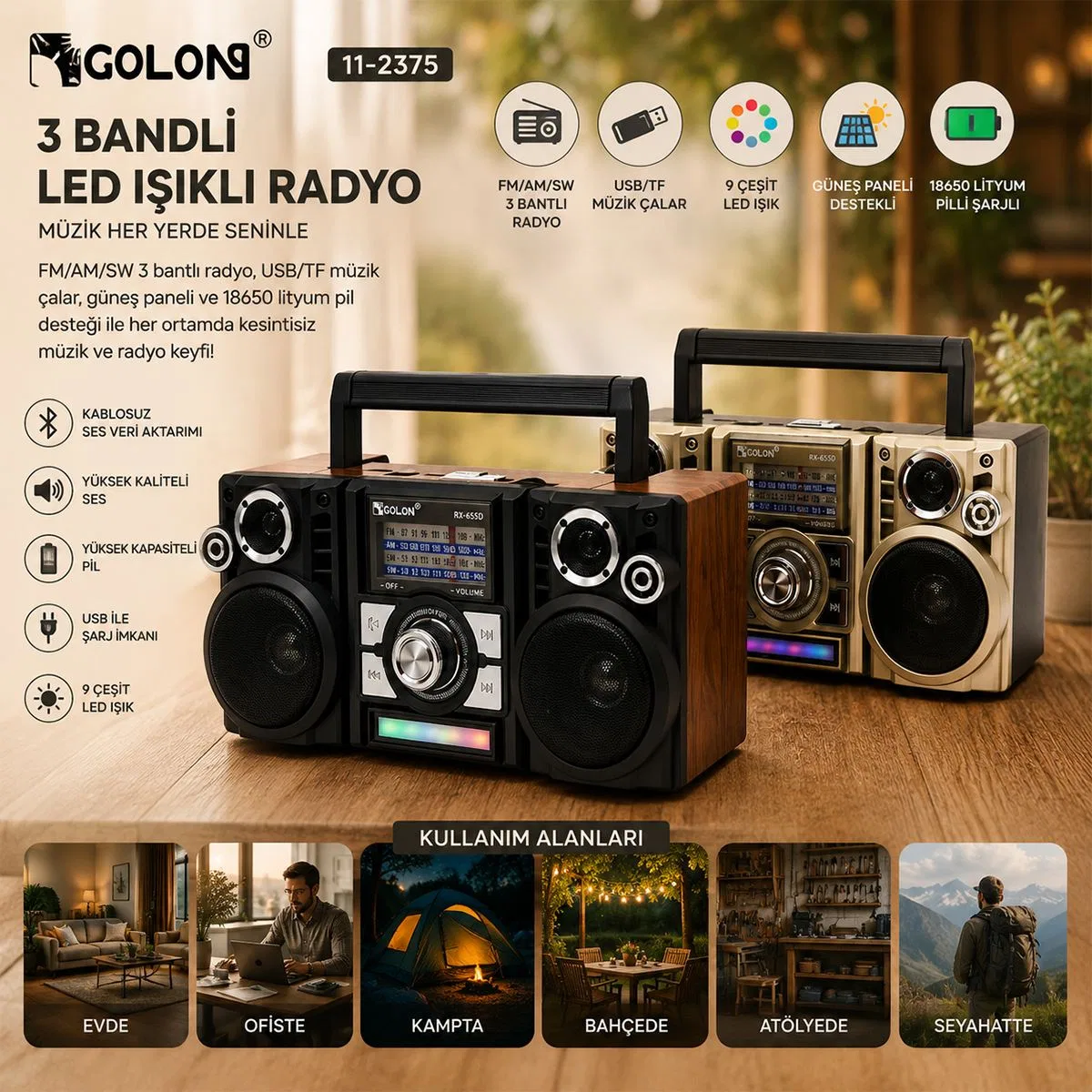 Güneş Enerjili Bluetooth Şarjlı Taşınabilir Hoparlör (FM / MP3 / USB / TF) görsel 4