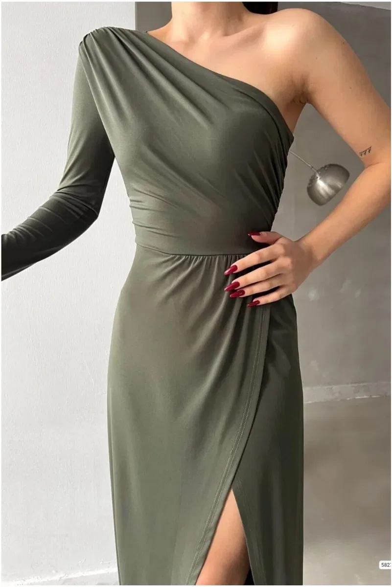 Kadın Modern Stil Saten Kumaş Tek Omuz Dekolteli Maxi Abiye Elbise görsel 7