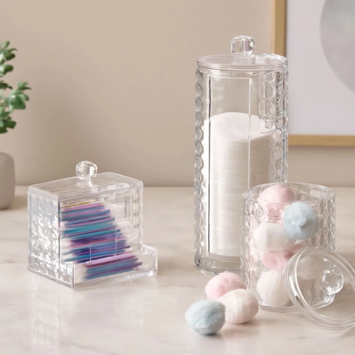 3'lü Mika Kristal Plastik Organizer Seti - Kulak Pamukluk, Makyaj Pamuğu, Mendillik