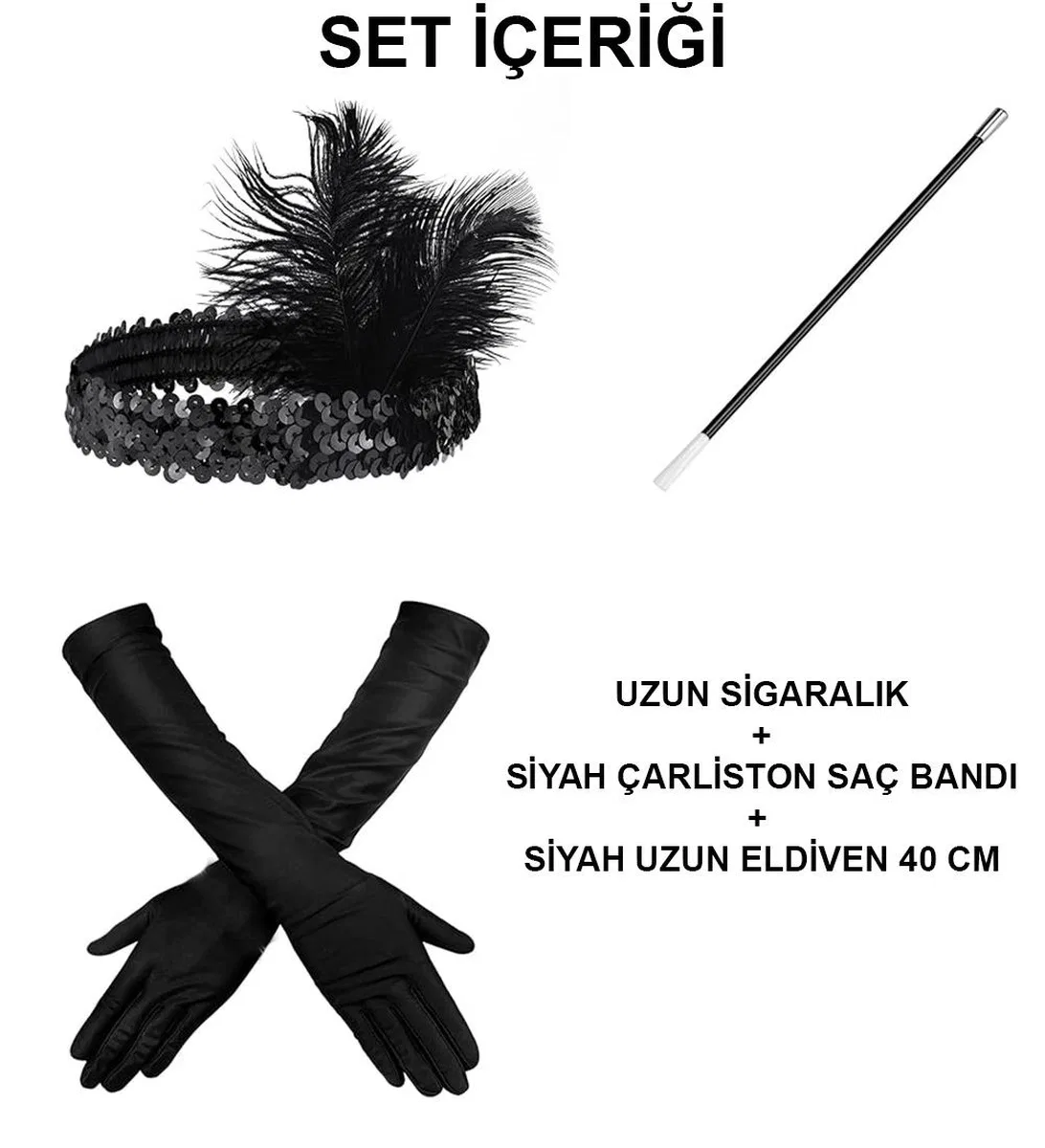 192039ler Gatsby Aksesuar Seti – Siyah Charleston Saç Bandı, Uzun Eldiven Lık görsel 2