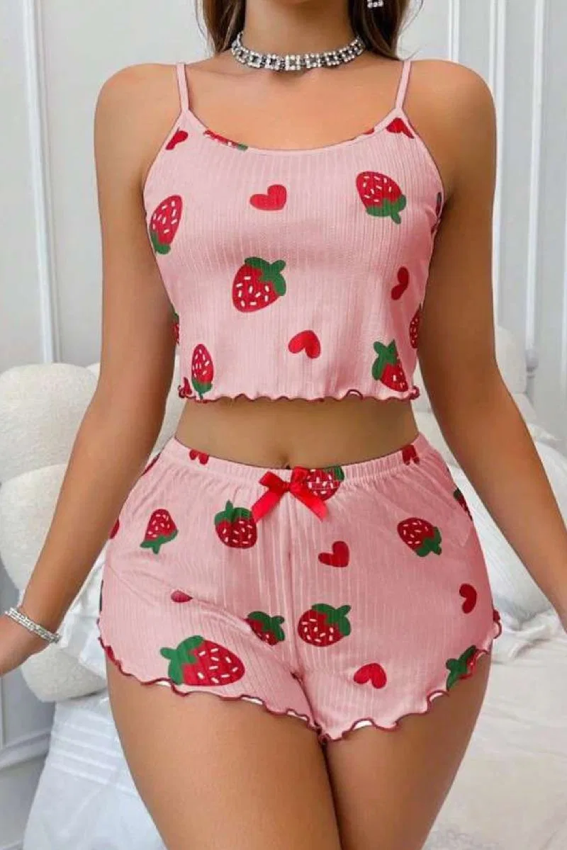 Çilek Desenli Crop Askılı Şort Yazlık Pijama Takımı Ryl - S-49