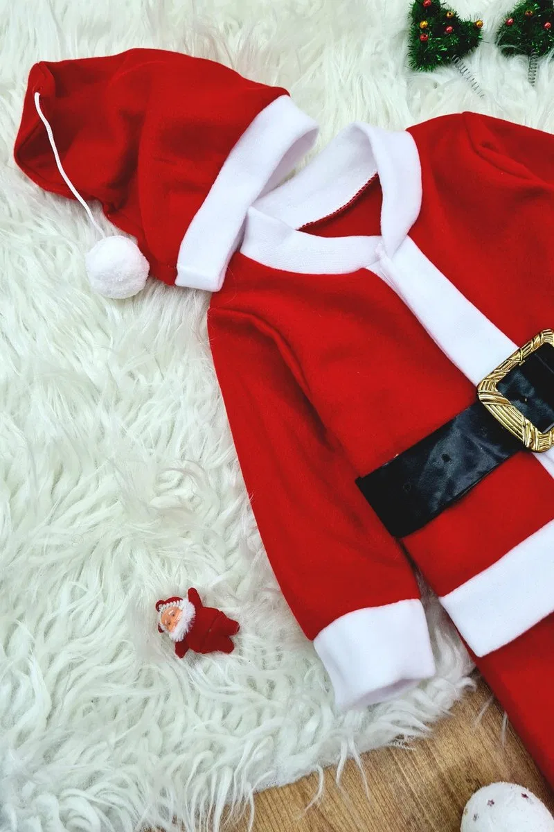 Erkek Çocuk Noel Baba Yılbaşı Kostümü Şapkalı Kemerli Bebek Kostümü görsel 4