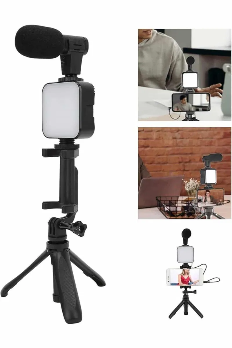 Tripod Telefon Tutucu Kumandalı Mikrofon Led Işık Vlog Video Kayıt görsel 5