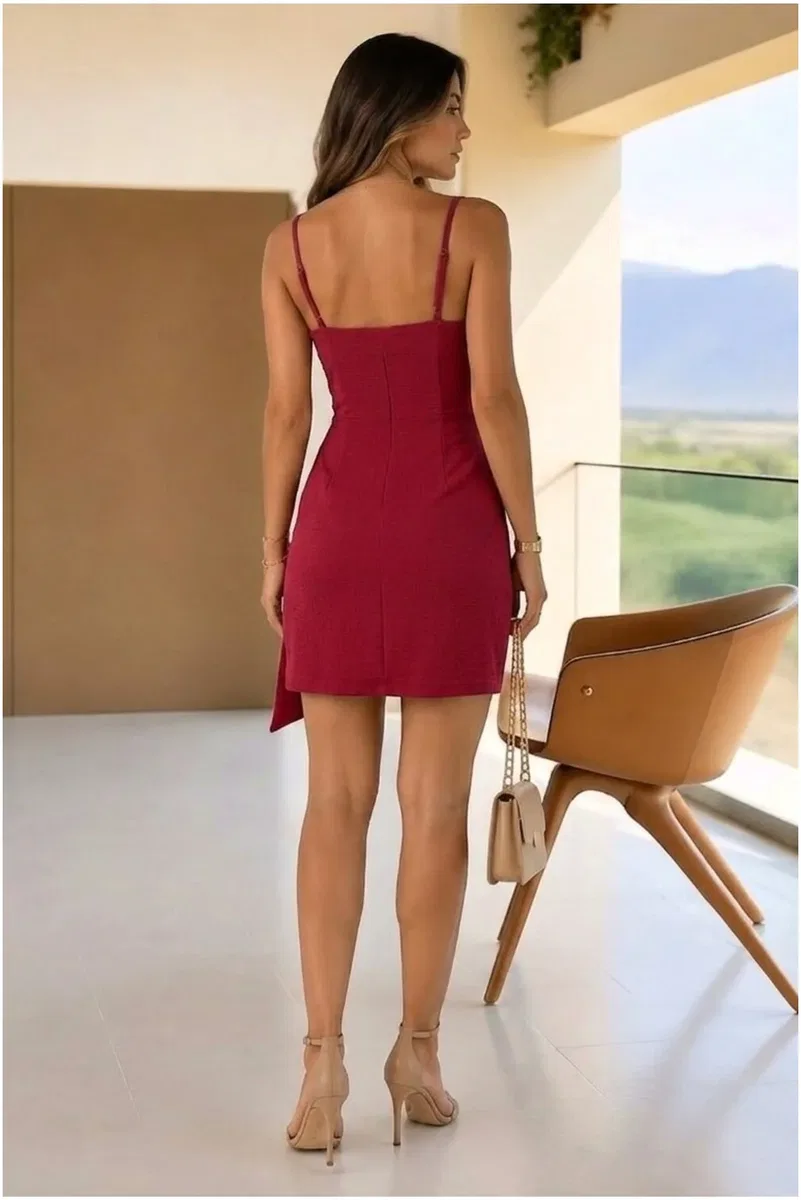 V Elbise Kuşaklı Yaka Askılı görsel 2