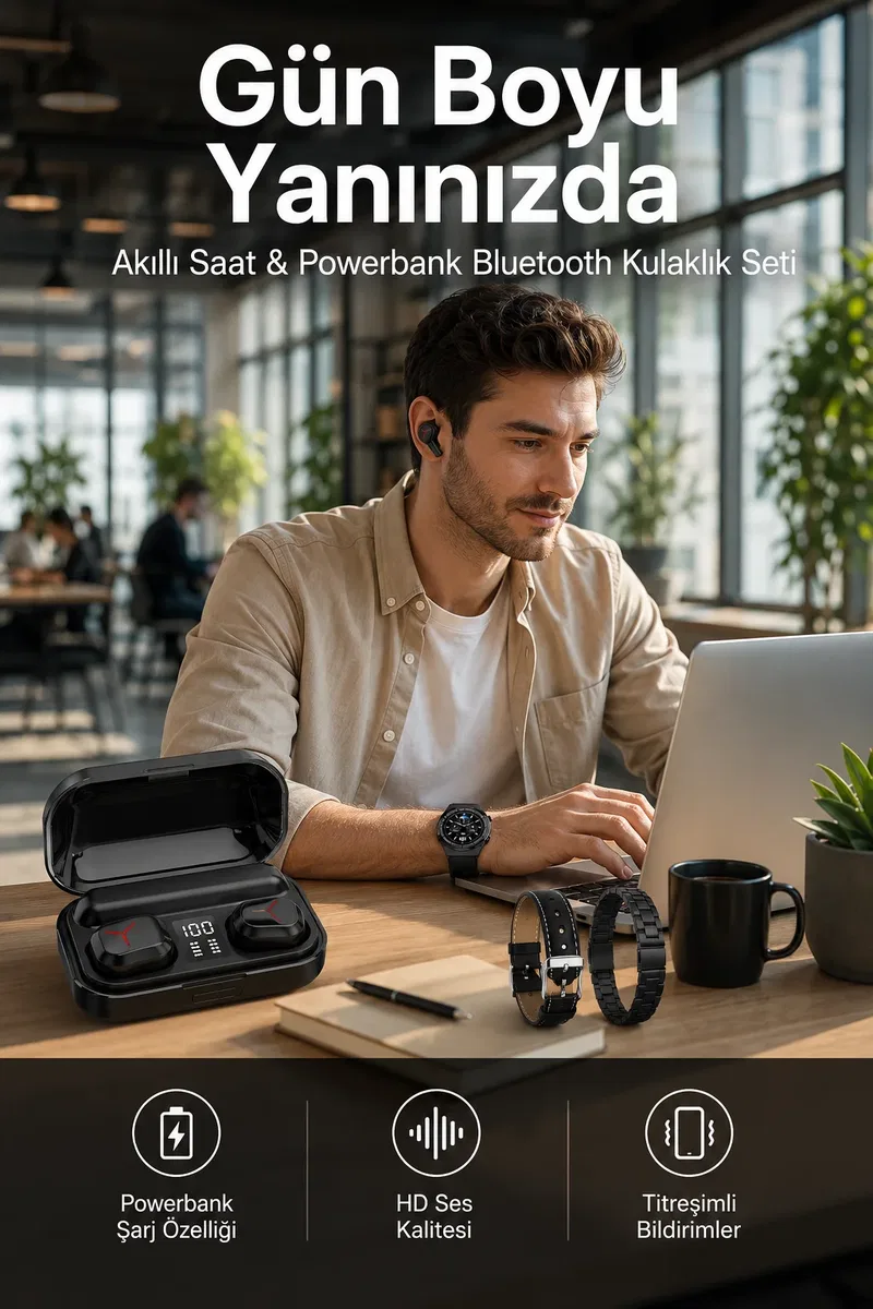 Ucuz Kaliteli Akıllı Saat ve Powerbank Bluetooth Kulaklık 5. 1 Stereo ANC Özelliği