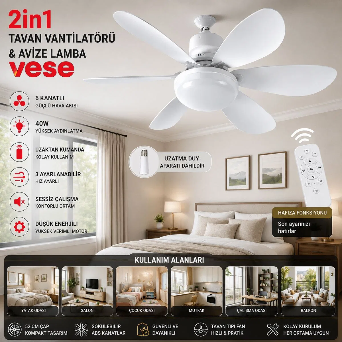 6 Kanatlı Kumandalı 2in1 Tavan Vantilatör Avize 40W görsel 2
