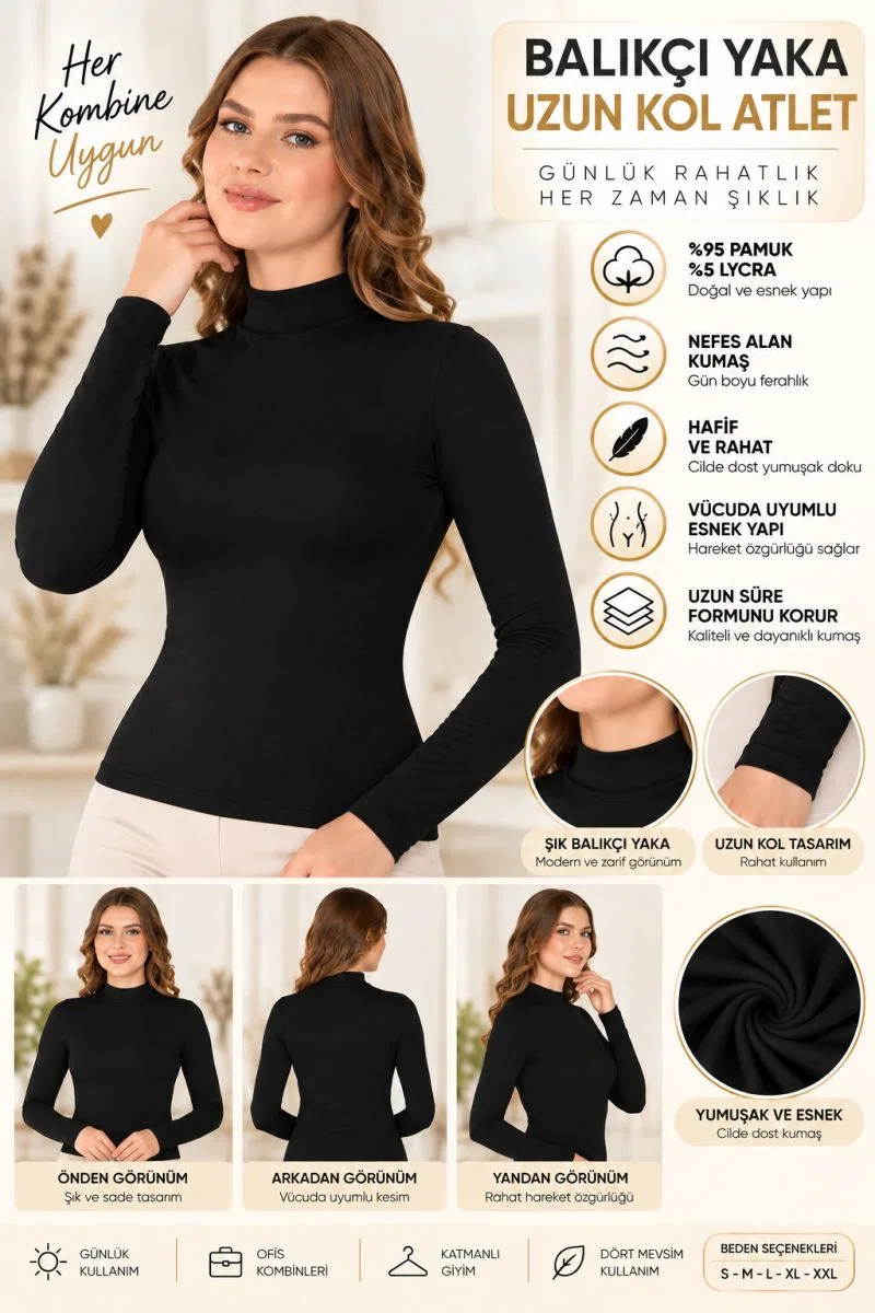 Kadın Balıkçı Yaka Uzun Kol Atlet Siyah Esnek Kumaş, Vücuda Oturan Basic Body - ryl - 2612