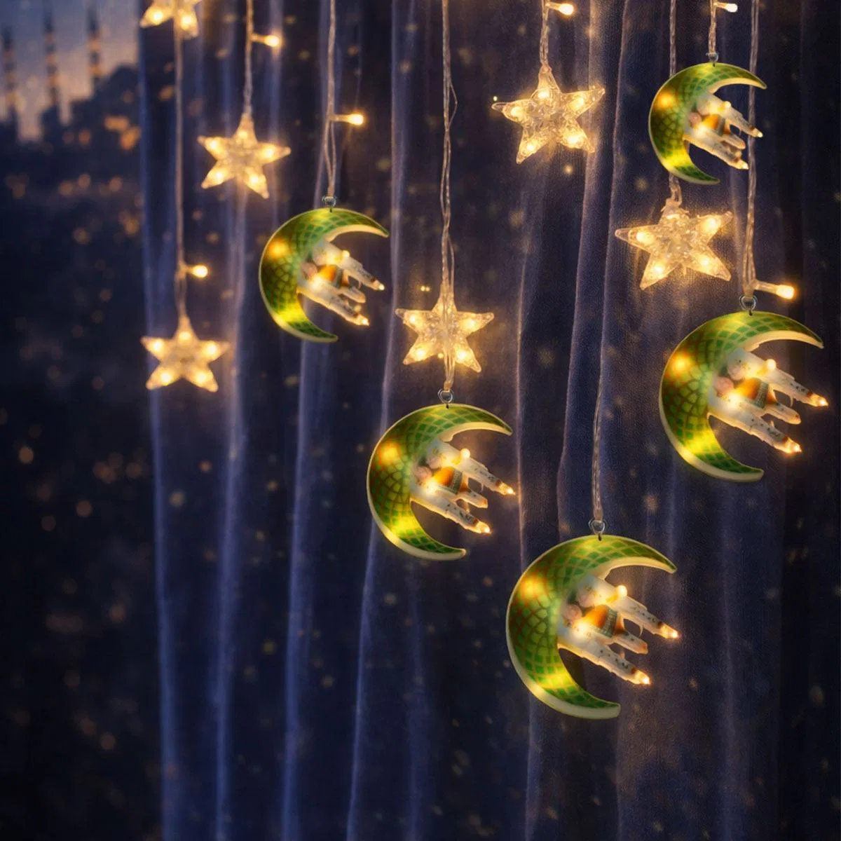 Ramazan LED Perde Lamba 3m (Fişli, Eklemeli) Yeşil Hilal Cami Yıldız görsel 2