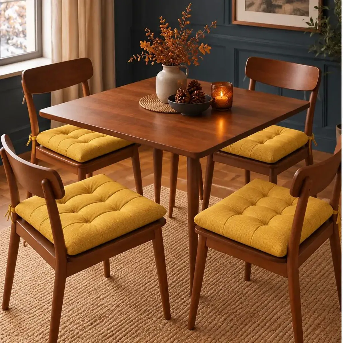 4’lü Kapitone Bağcıklı Sandalye Minderi · 40 × 40 × 3 cm · Sarı · 40 × 40 × 3 cm · 4 adet