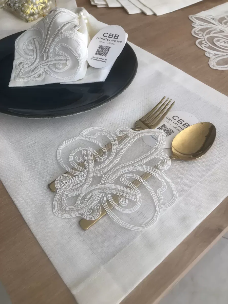 Sofra Takımı Taç Gardenya Keten Yemek Takımı 160x260 Masa Seti 26 Parça Runner Set Krem görsel 5