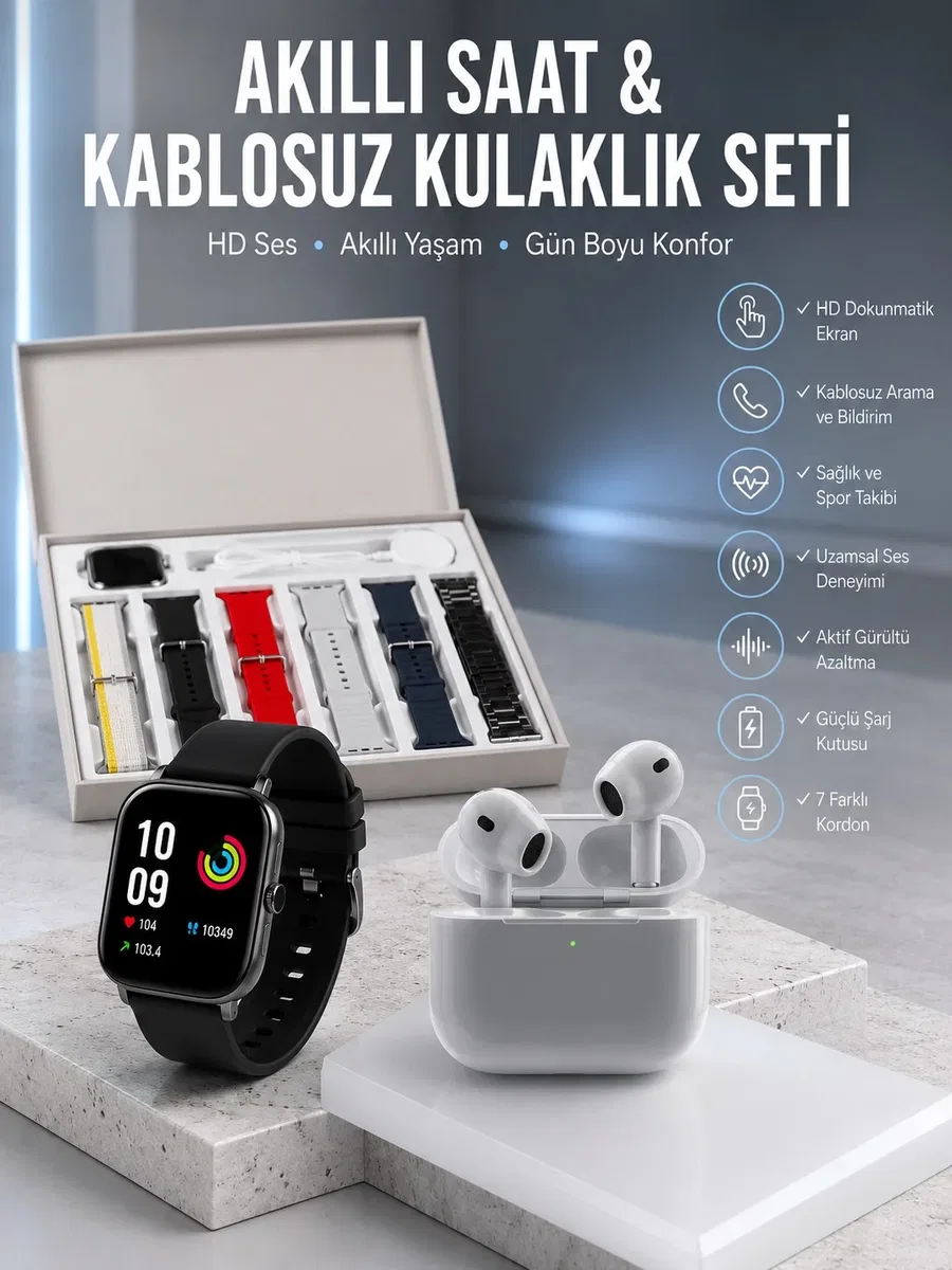 7 Kordonlu Akıllı Saat Ve 3. Nesil Kulaklık Dokunmatik Ekran Sesli Görüşme Yapabilen