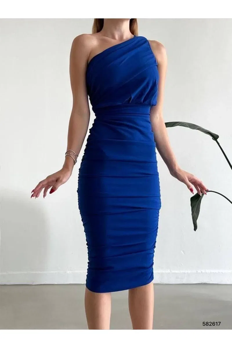 Kadın İnce Tek Omuz Tek Kol Krep Kumaş Bodycon Abiye Elbise görsel 7