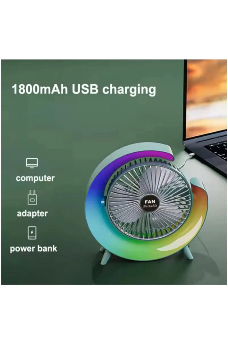 Masaüstü Vantilatör Usb Şarjlı Rgb Led Işıklı 3 Kademeli 180° Ayarlanabilir Soğutucu Fan Yeşil görsel 2