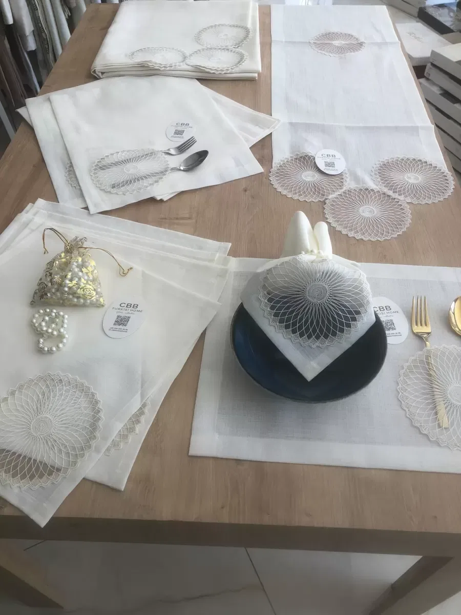 Sofra Takımı Planet Gardenya Keten Yemek Takımı 160x260 Masa Seti 26 Parça Runner Set Krem görsel 8