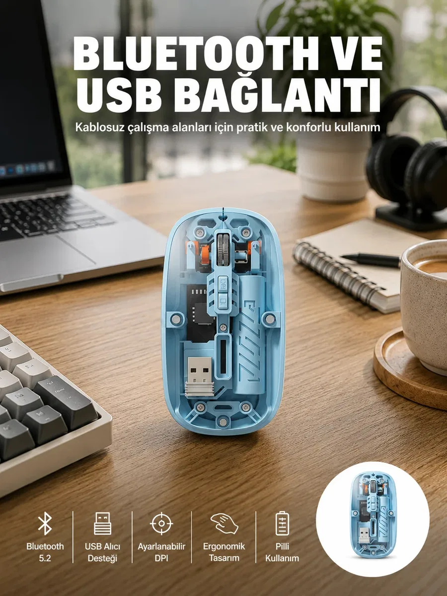 Bluetooth 5. 2 Destekli Mavi Pilli Kablosuz Mouse Yeni Nesil