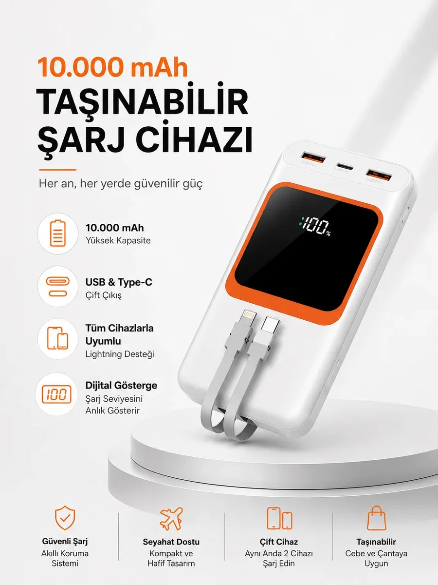10. 000 mAh Bataryalı, Dijital Göstergeli Taşınabilir Powerbank