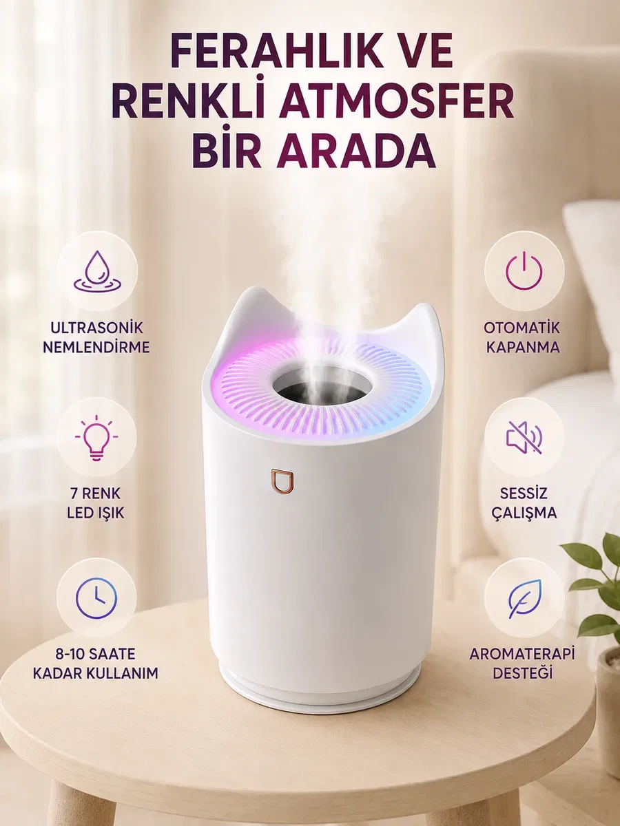 Hava Nemlendirici Ultrasonik Aroma Difüzör 7 Renk LED Işıklı Gece Lambası görsel 2