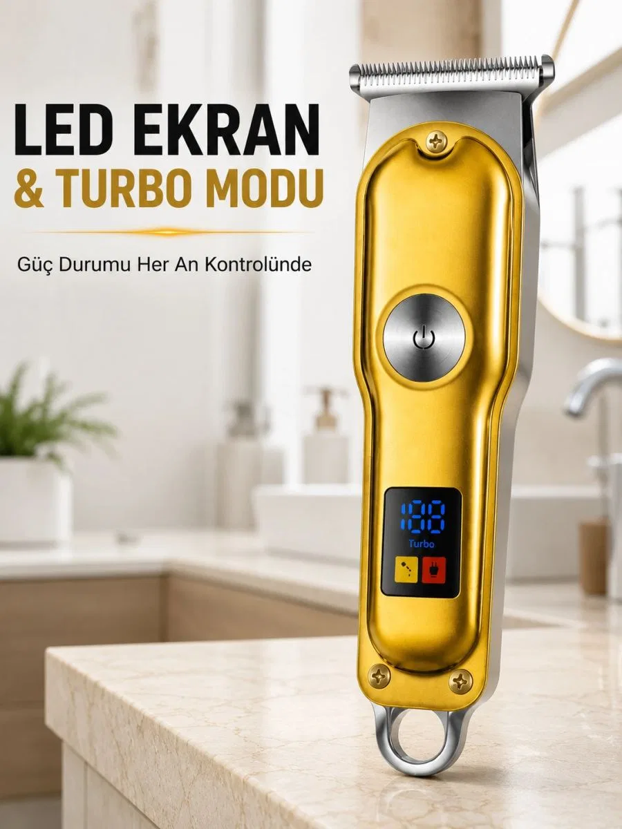Erkek Saç Sakal Tıraş Makinesi Led Ekranlı Turbo Modlu T Bıçaklı Ense Favori Şekillendirme Makinesi
