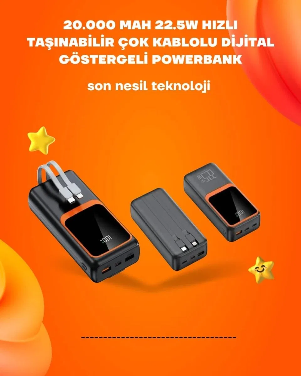 Powerbank 20000 Mah | 22. 5w Hızlı Şarj, Dahili Kablolu, Lcd Ekranlı Şarj Cihazı