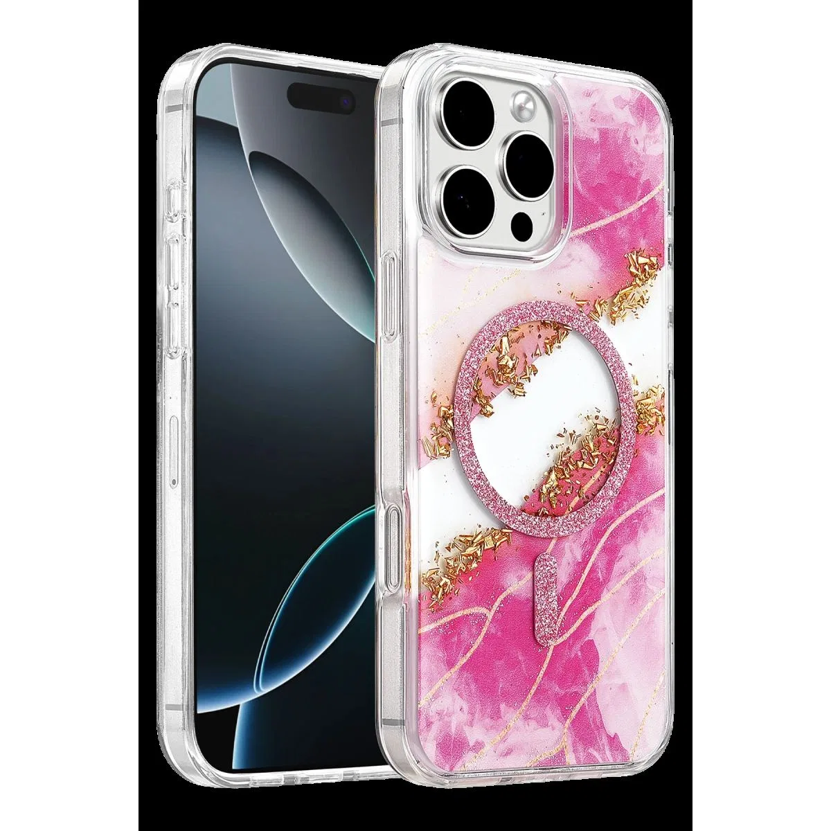 Onegif Apple İphone 16 Pro Max Lotus Simli Magsafe Kapak - Pembe