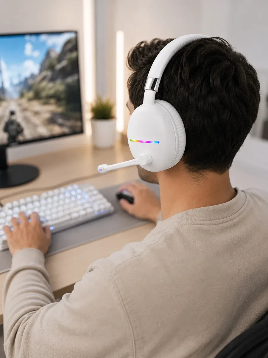 RGB Işıklı Mikrofonlu Bluetooth Kulaklık Beyaz Over-Ear Tasarım Type-C Şarjlı görsel 2