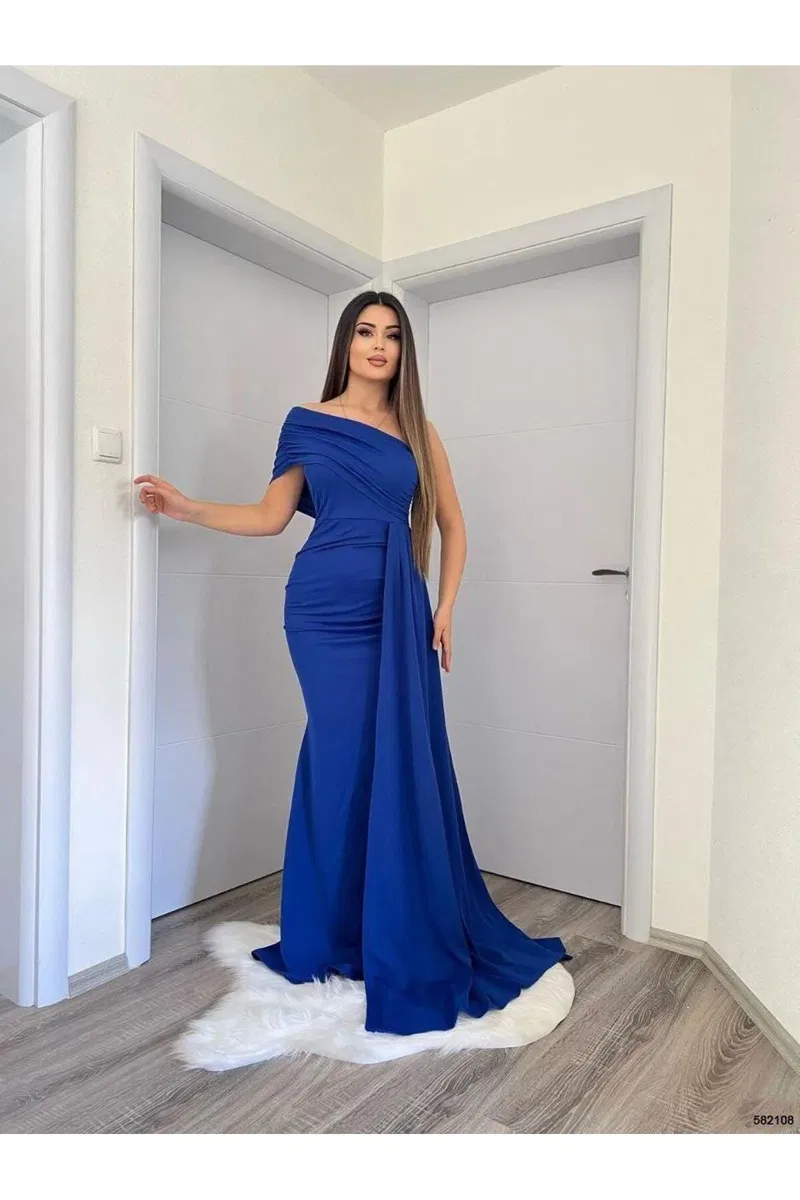 Kadın Özel Tasarım Asimetrik Yaka Tek Kol Balık Kesim Abiye Elbise görsel 8