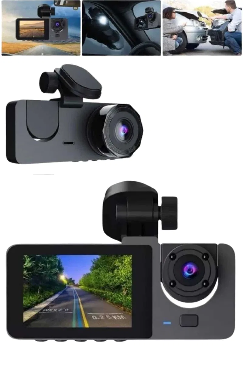 Araç İçi Dikiz Kamerası Sürüş Kaydedici 3 Lensli DVR Kamera görsel 2