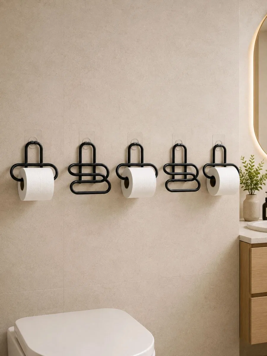 Siyah Metal Tuvalet Kağıdı Tutucu 5’li Set Yapışkanlı Duvar Tipi Banyo Wc Askısı görsel 5