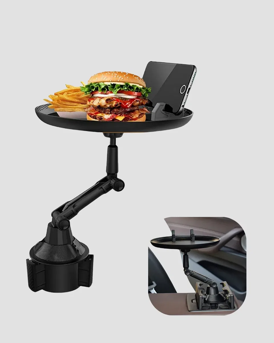 360° Döner Araç Bardaklık Tepsisi Geniş Yemek Alanlı Telefon Standlı görsel 2