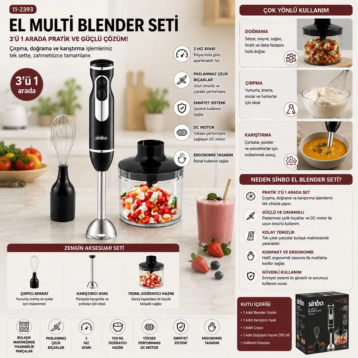 El Blender Seti 700 ml Paslanmaz Çelik Bıçak 2 Hız görsel 3