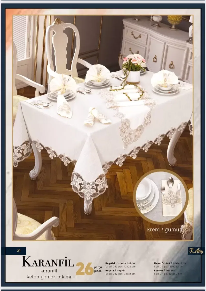 Krem-Gümüş Gardenya Karanfil Keten 26 Parça 160 × 220 cm Şık Sofra Takımı görsel 2