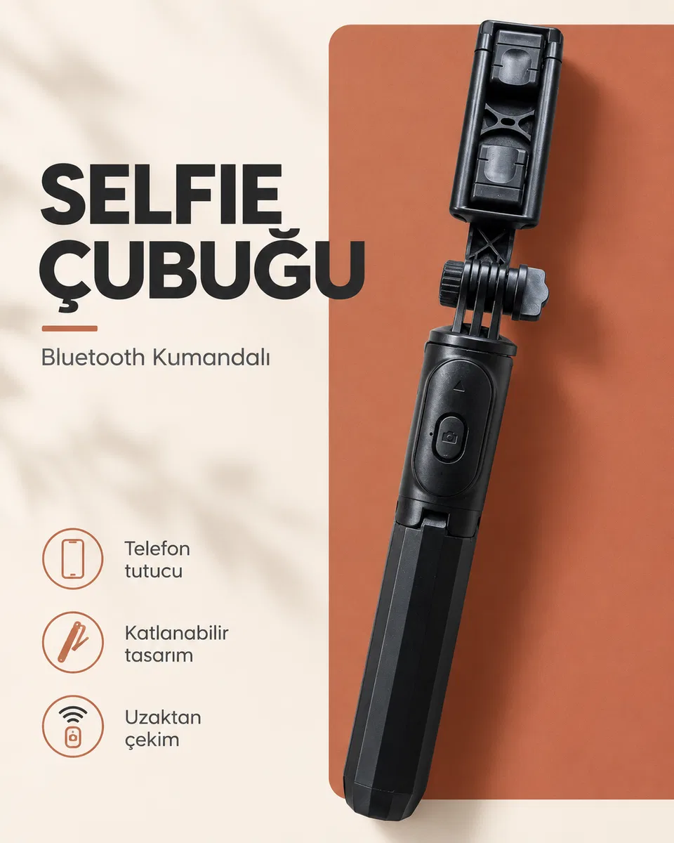 Bluetooth Kumandalı Katlanabilir Selfie Çubuğu ve Telefon Tutucu
