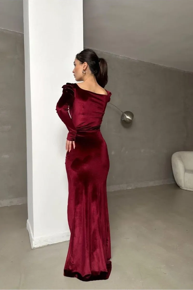 Kadın Kare Yaka Taş Detaylı Uzun Kollu Abiye Elbise görsel 2