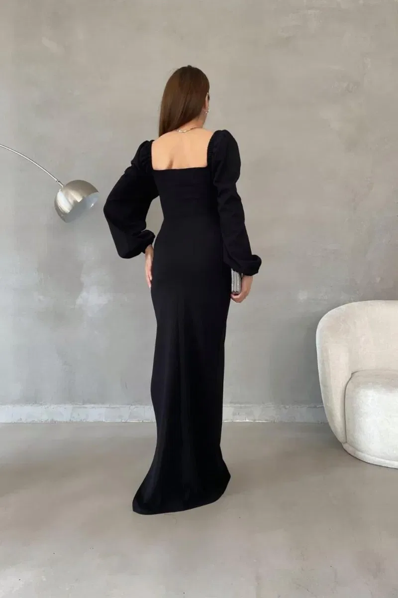 Kadın Krep Kumaş Kalp Yaka Yırtmaçlı Maxi Abiye Elbise görsel 8