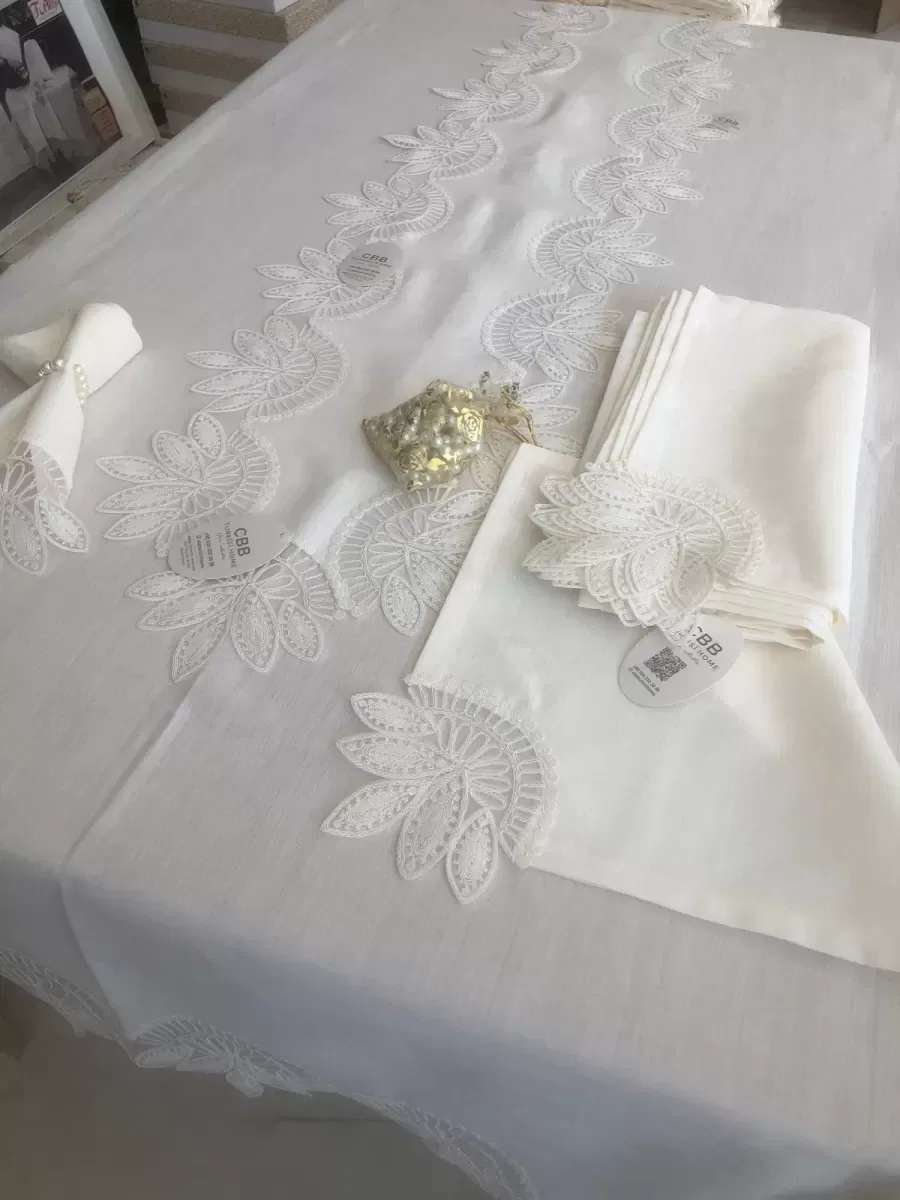 Sofra Takımı Lady Gardenya Keten Yemek Takımı 160x220 Masa Seti 12 Kişilik 26 Parça Runner Set Krem görsel 2