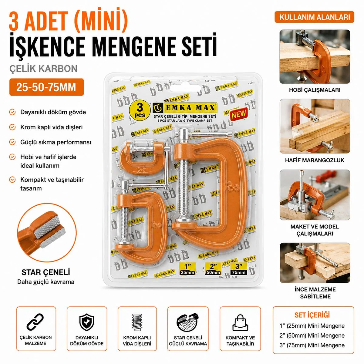 Mini Mengene Seti 3'lü (25-50-75 mm) Karbon Çelik görsel 2