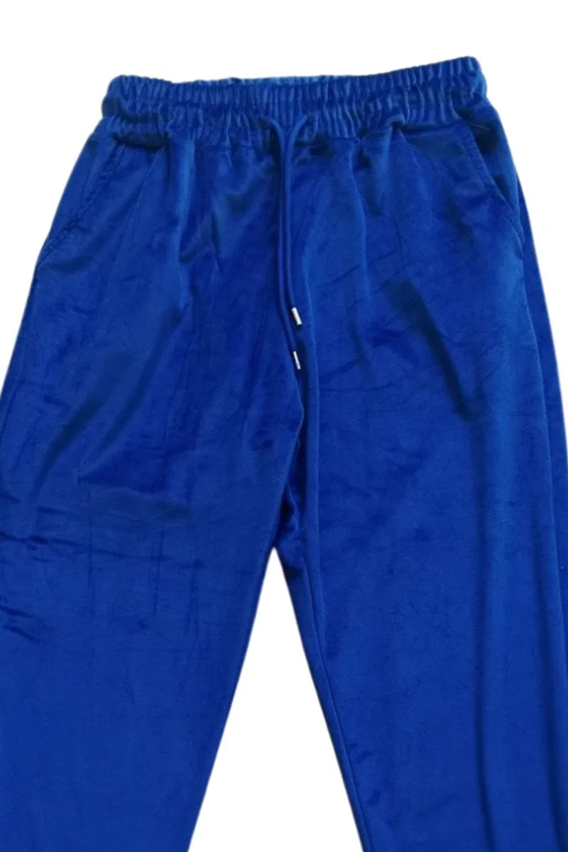 Parlak Kadife Cepli Pantolon Eşofman Pijama Altı Uni Lastikli Paça Mavi görsel 2