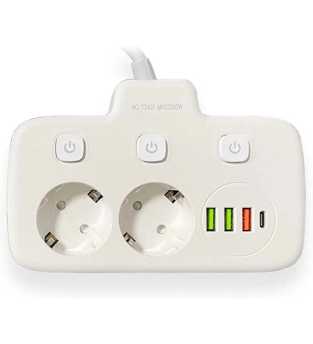 Akım Korumalı 2’li Ayrı Anahtarlı Priz, 2x Priz, 3x Usb, 1x Type-c, 2 Mt Kablo, Hızlı Şarj görsel 2